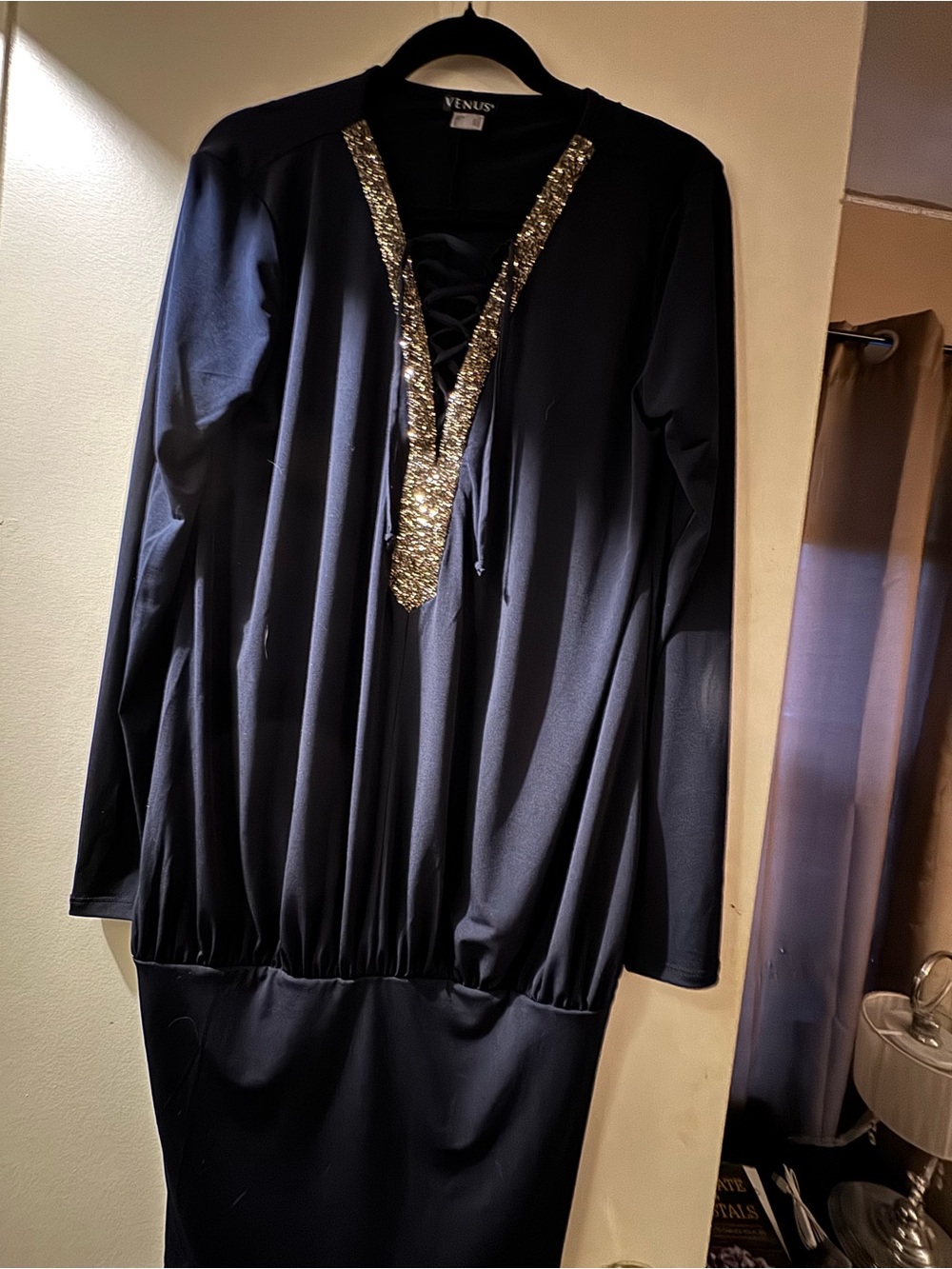 VENUS Black Dress with silver Sequin V-Neck